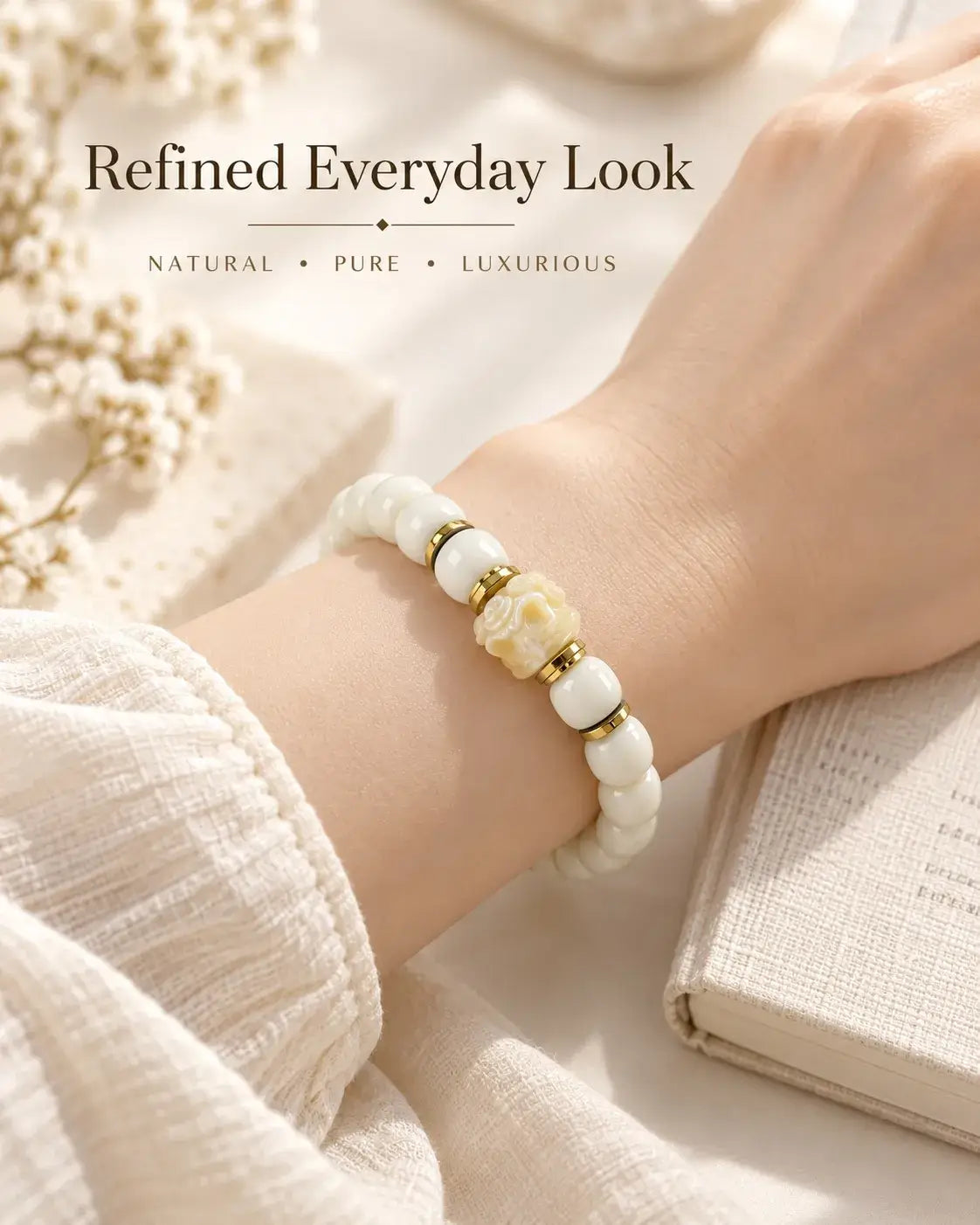 Everyday wrist styling of the ivory bodhi bracelet with a carved centerpiece and gold-tone accents