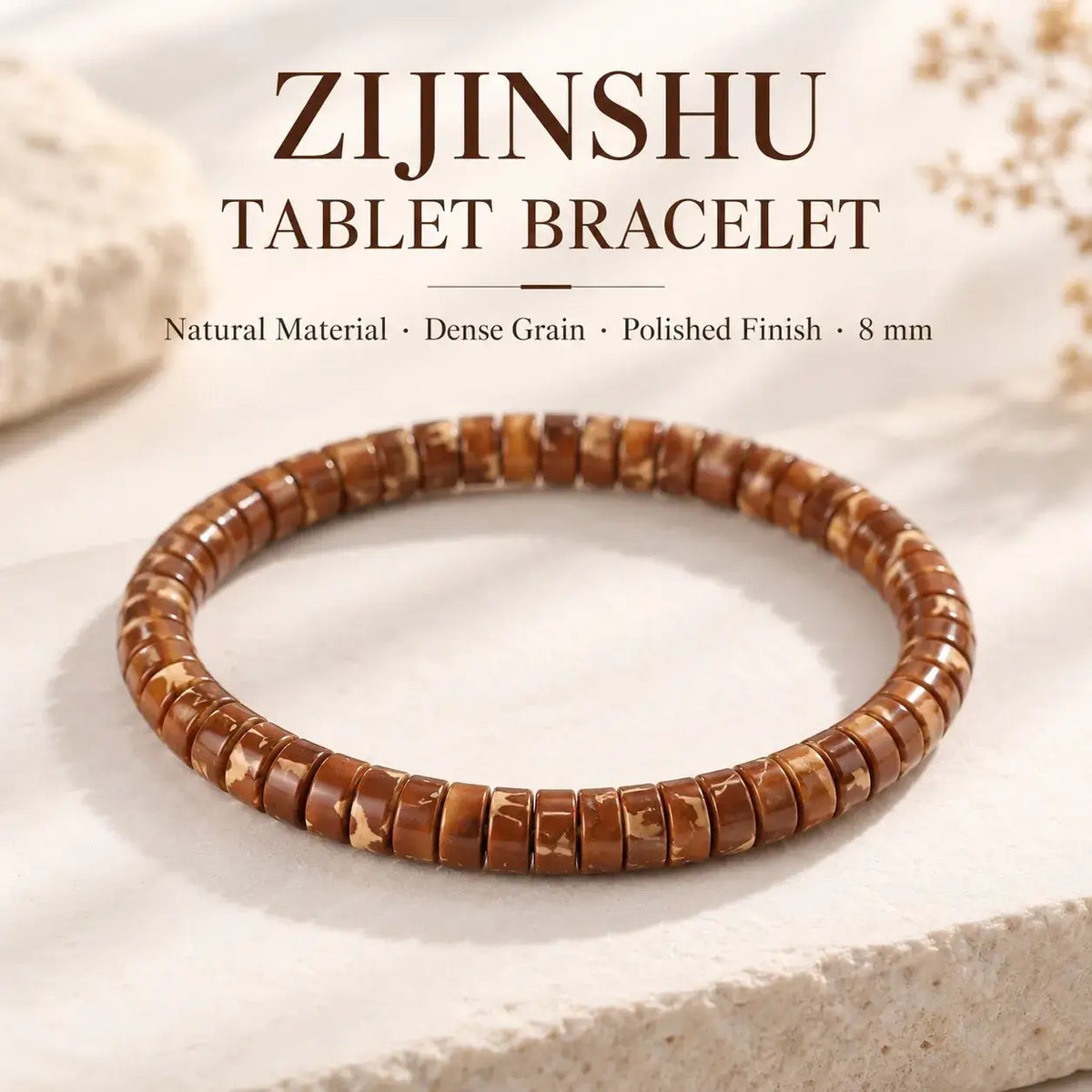Natural Zijinshu tablet bead bracelet with warm brown and cream-mottled surfaces