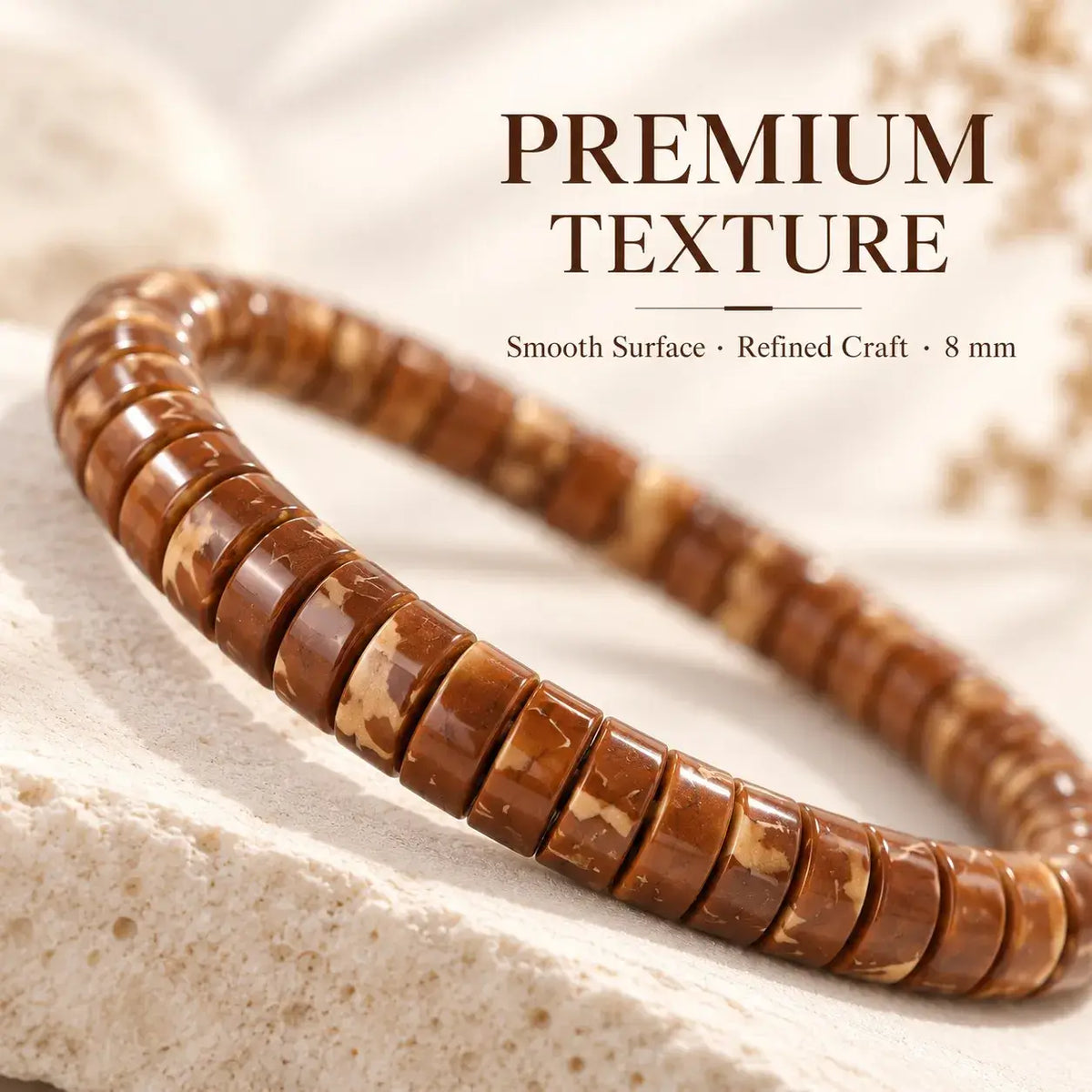 Close-up of natural cream markings and smooth tablet-shaped Zijinshu beads