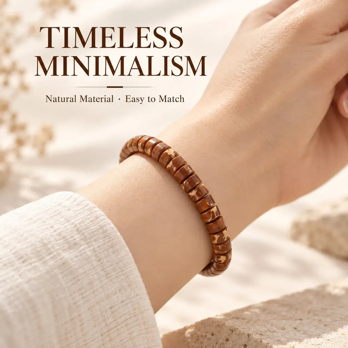 Slim brown Zijinshu tablet bracelet styled with a cream sleeve