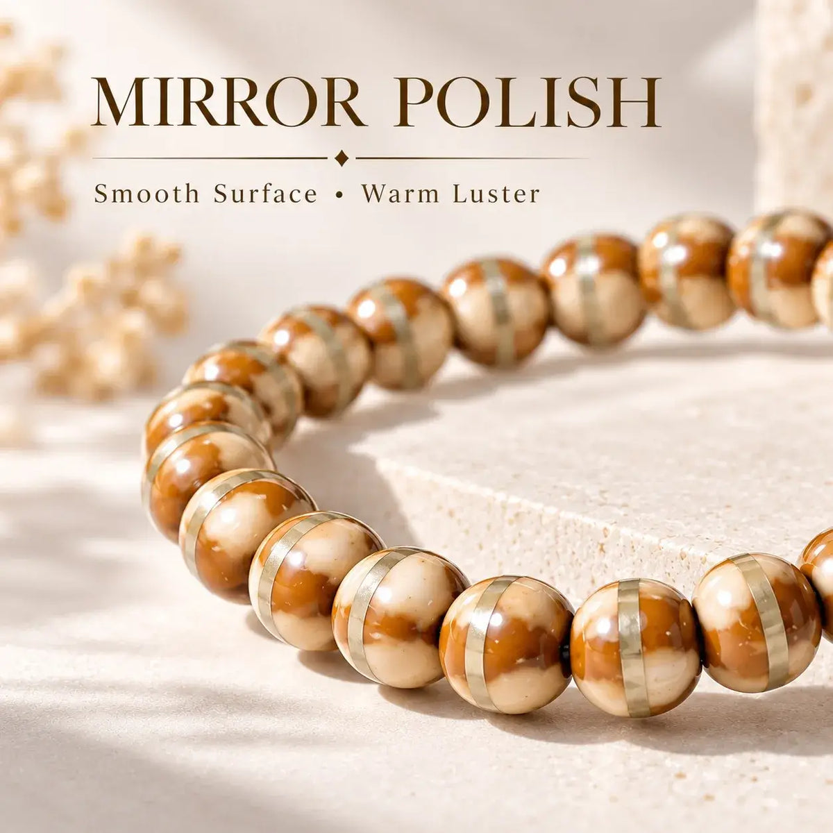 Close-up of glossy cream and caramel seed patterns with pale metallic copper lines