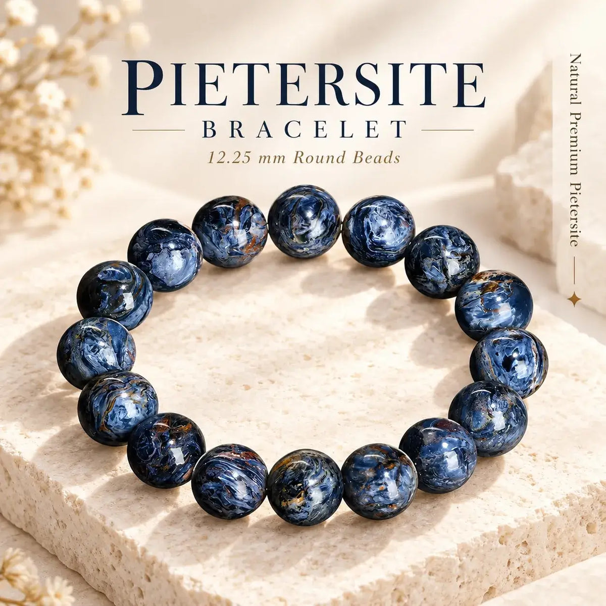 Natural planet-pattern pietersite bracelet with blue-gray and ocher-colored swirls