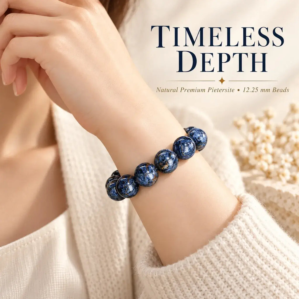 Natural blue pietersite bracelet worn on the wrist