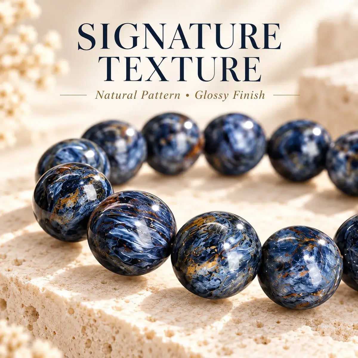 Close-up of swirling blue, gray and ocher patterns in polished pietersite beads