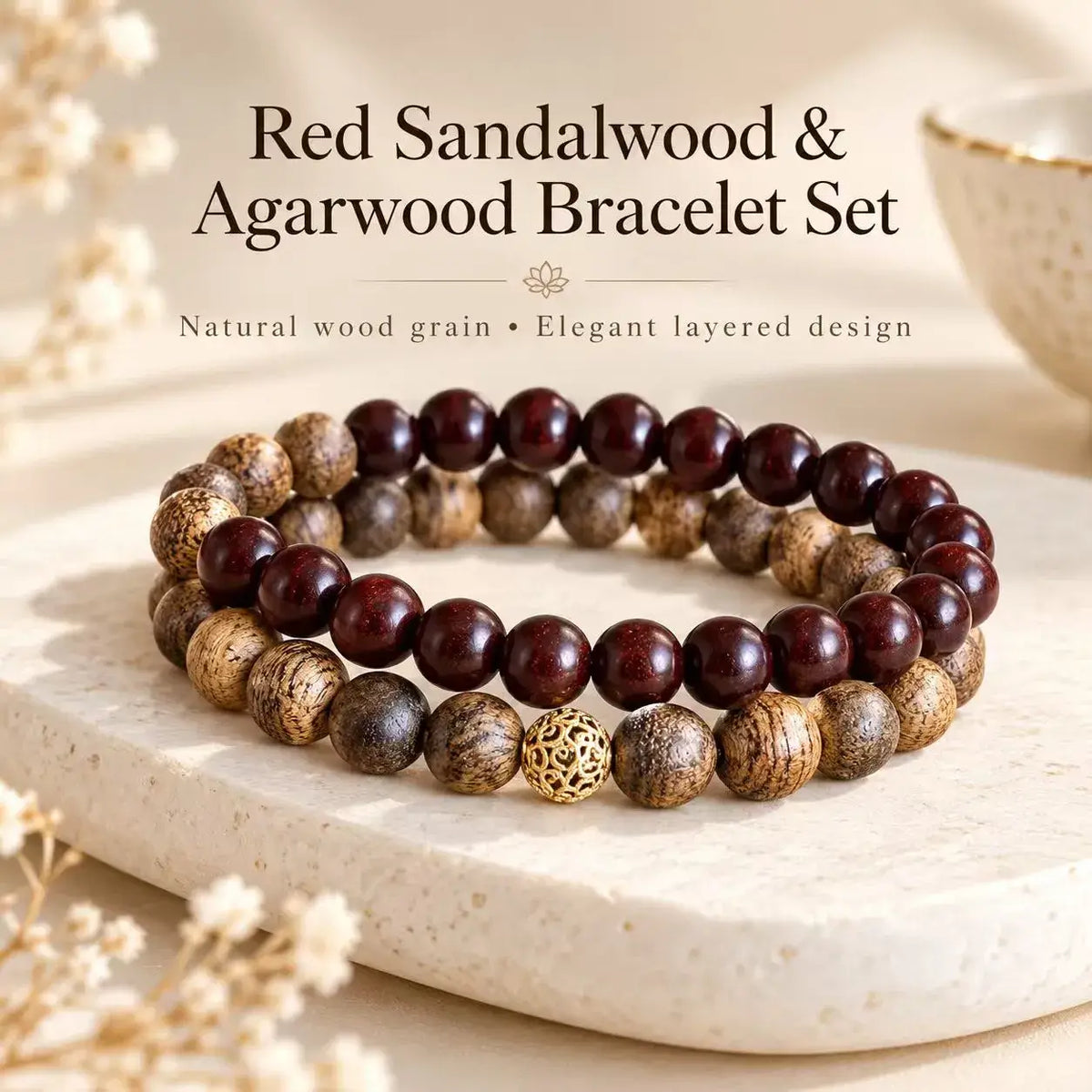 Red sandalwood and agarwood double wrap bracelet with gold-tone detail