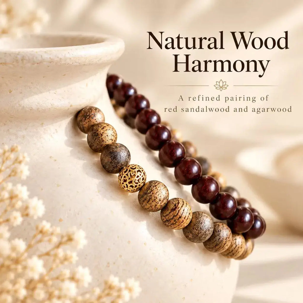 Wood bead double wrap bracelet displayed around a ceramic stand