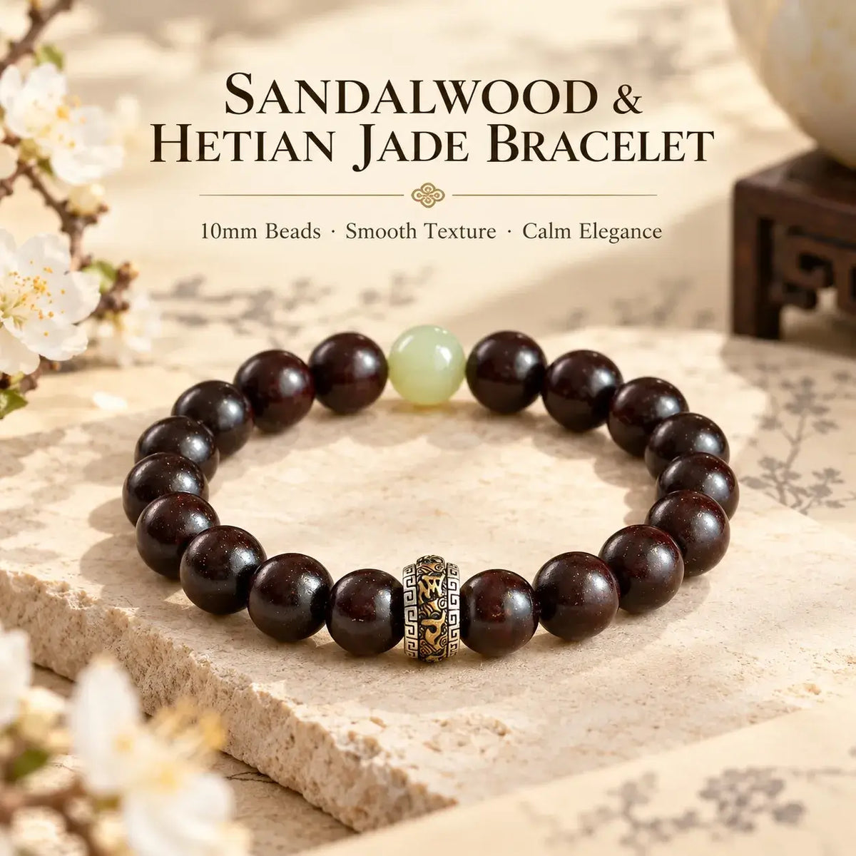 Red Sandalwood & Hetian Jade Bracelet, 10 mm - main view