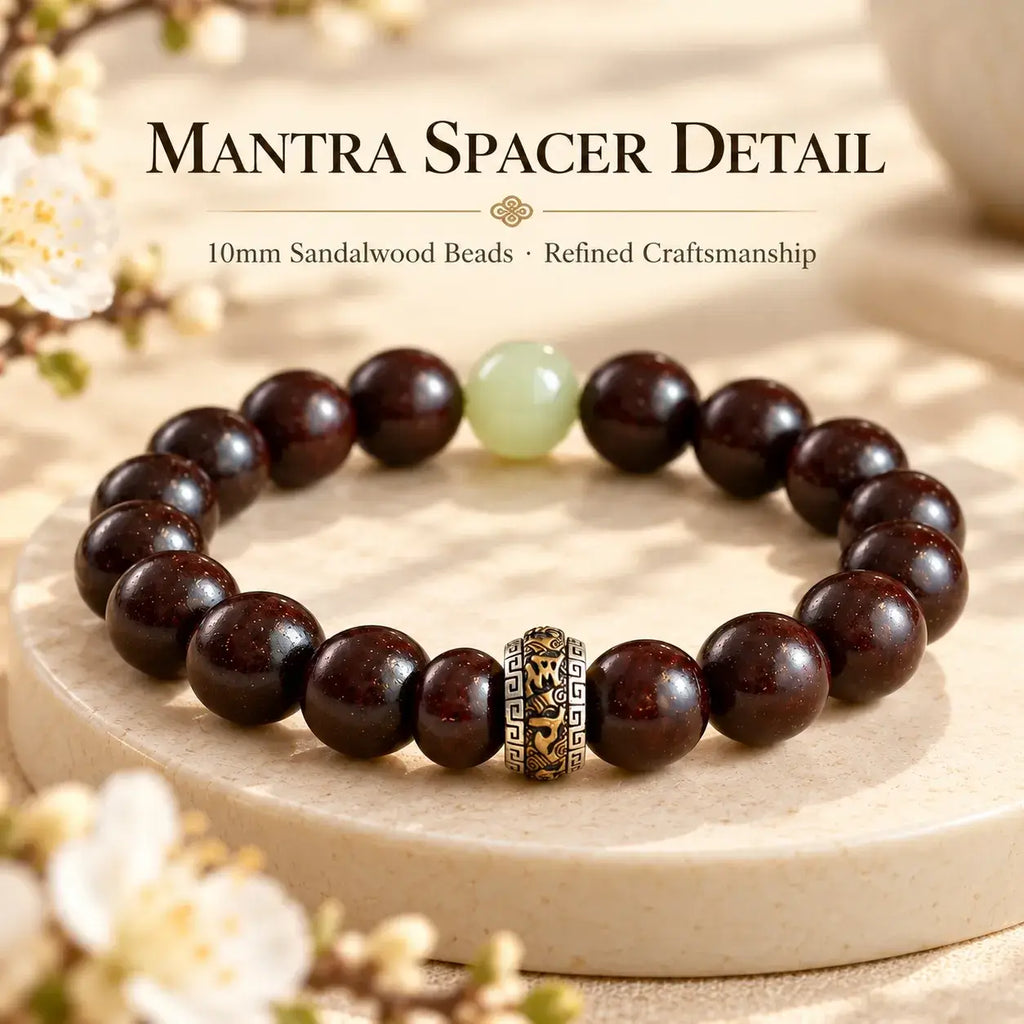 Red Sandalwood & Hetian Jade Bracelet, 10 mm - close-up detail