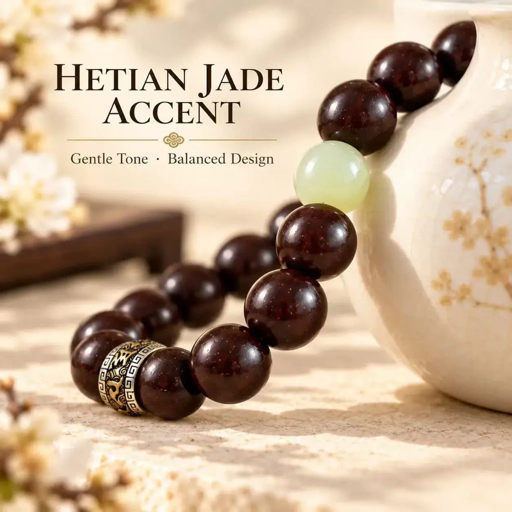 Red Sandalwood & Hetian Jade Bracelet, 10 mm - bead arrangement