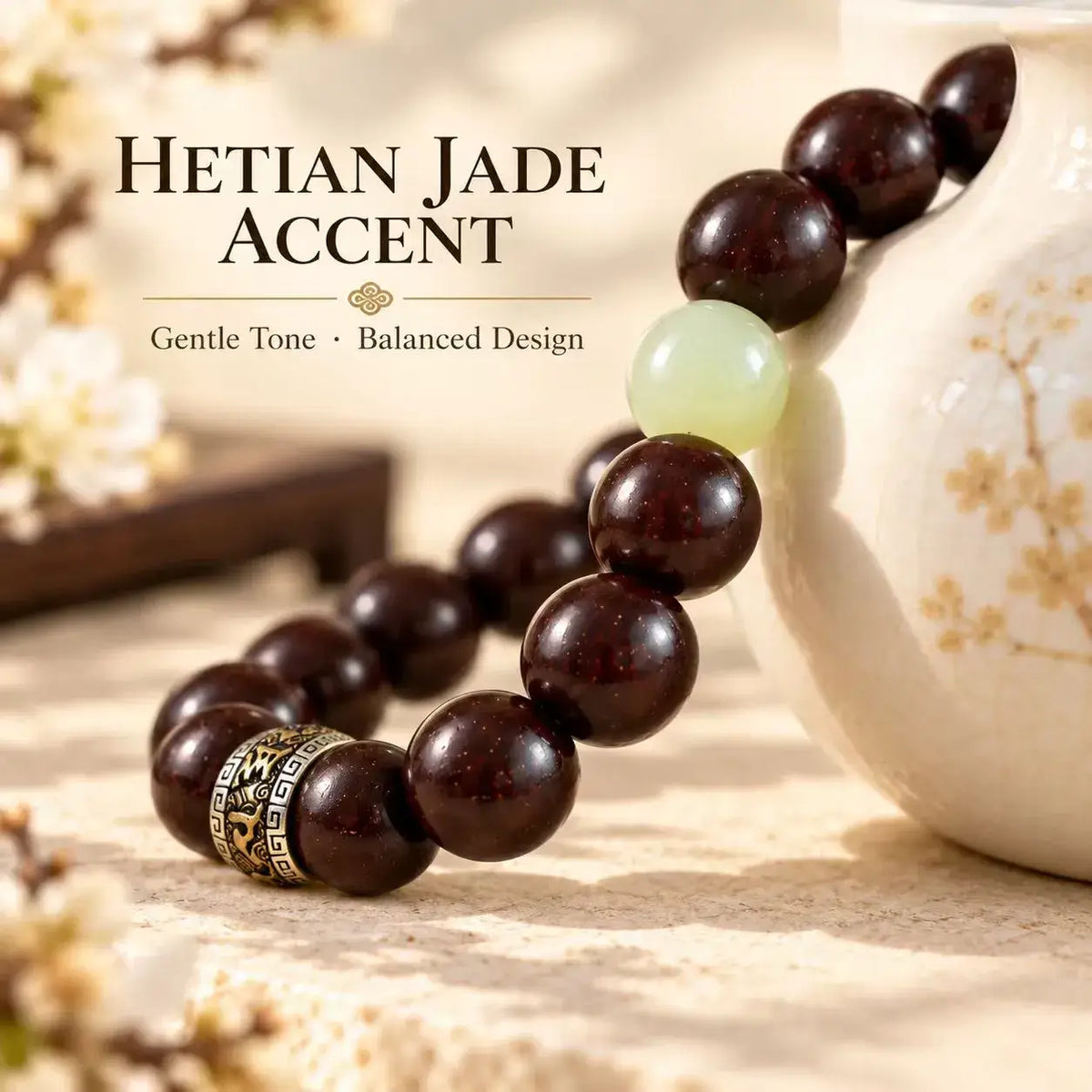 Red Sandalwood & Hetian Jade Bracelet, 10 mm - bead arrangement