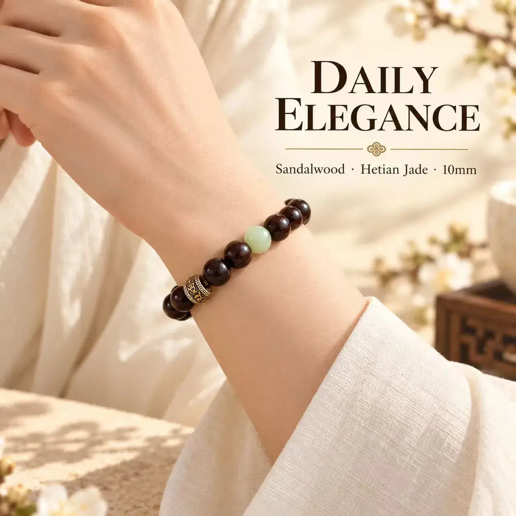 Red Sandalwood & Hetian Jade Bracelet, 10 mm - wrist styling