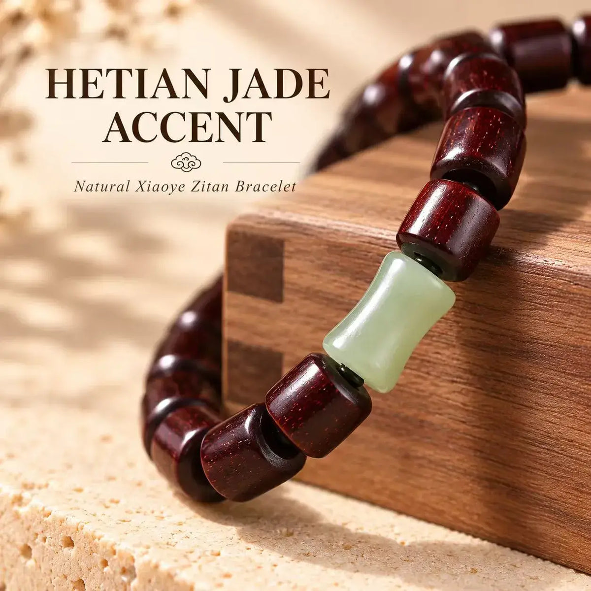 Close-up of the pale green jade bamboo-shaped focal bead