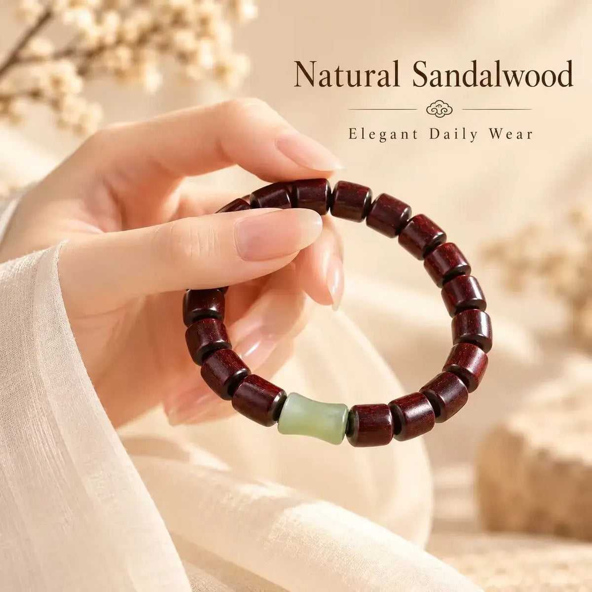 Hand-held red sandalwood bead bracelet with jade accent