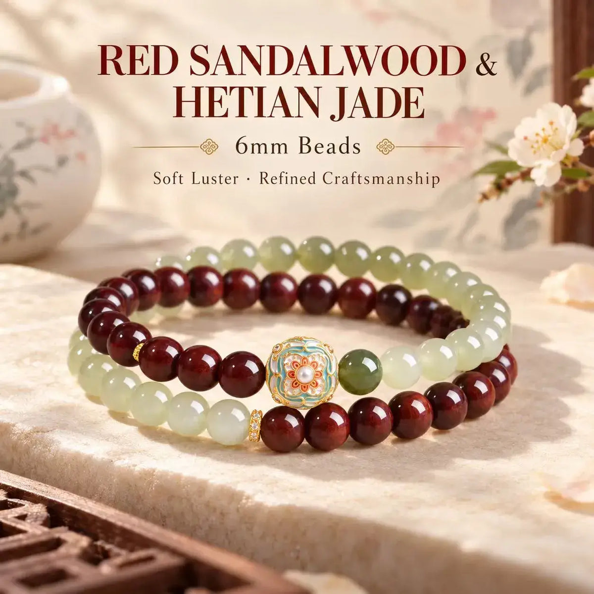 Red sandalwood and pale Hetian jade double wrap bracelet