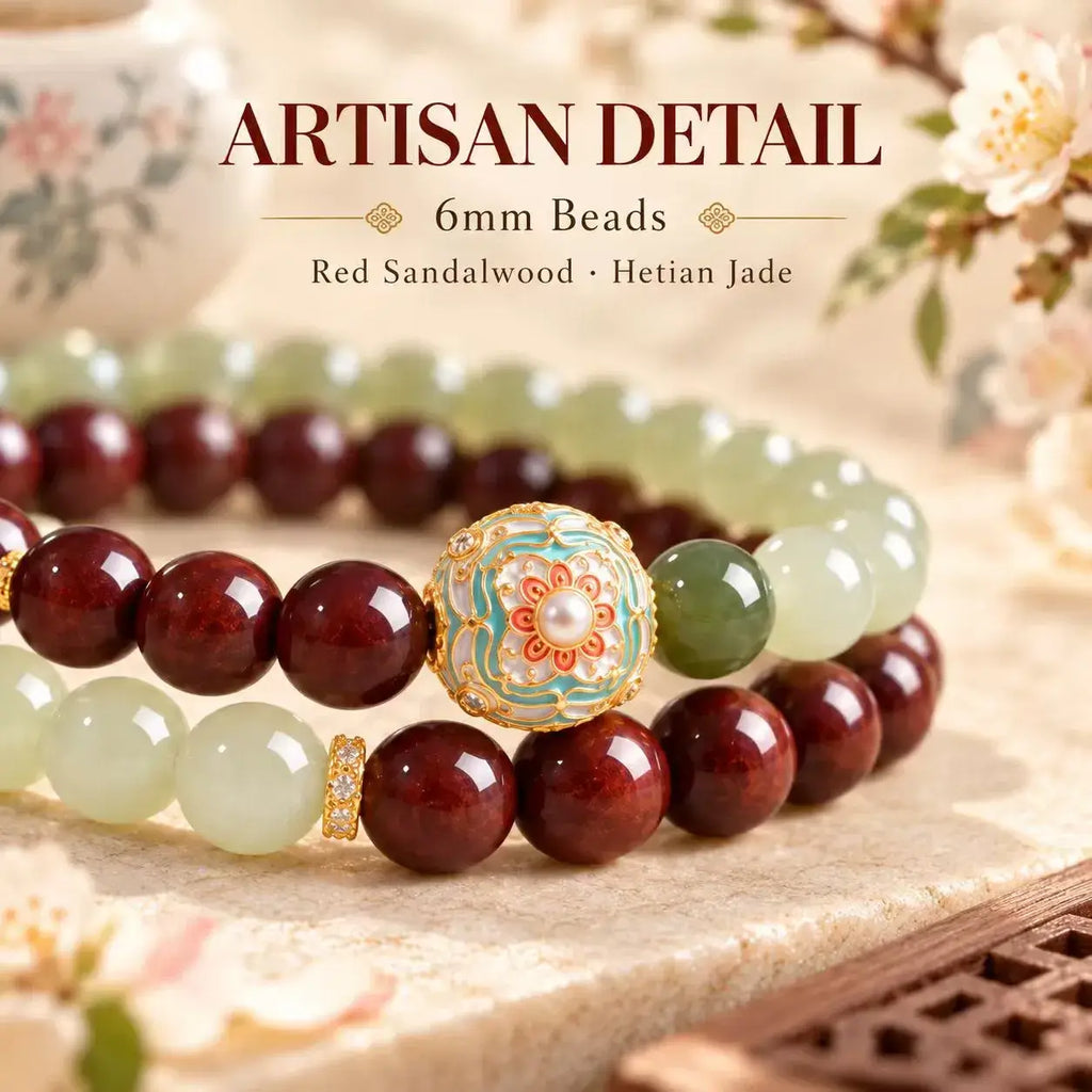 Close-up of the floral decorative bead and contrasting wood and jade