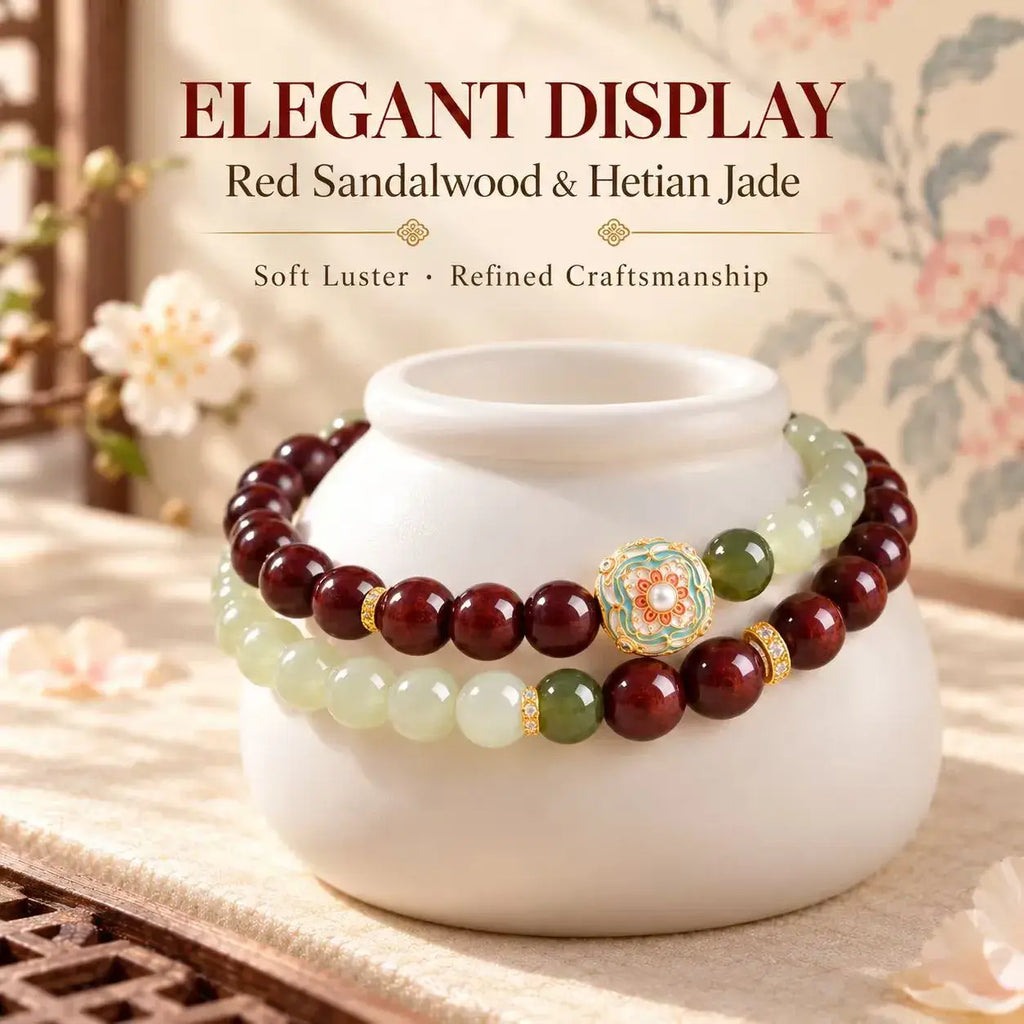 Double wrap wood and jade bracelet displayed around a ceramic stand