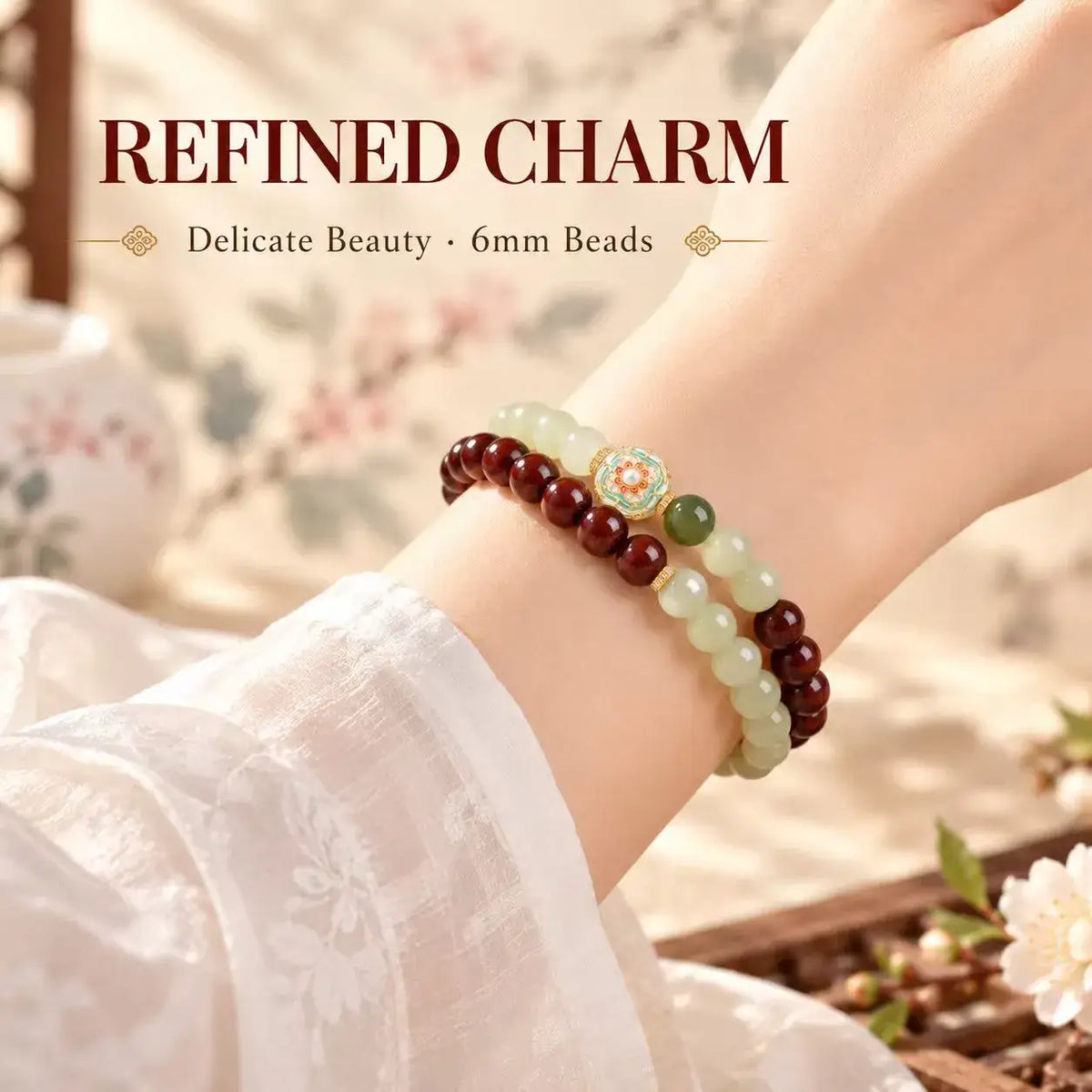 Red sandalwood and Hetian jade bracelet wrapped twice around the wrist