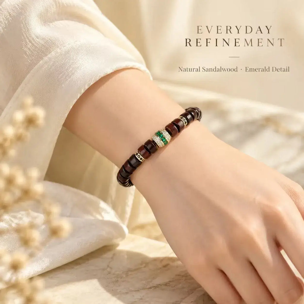 Red Sandalwood Tablet Bead Bracelet with Green Crystal - main view