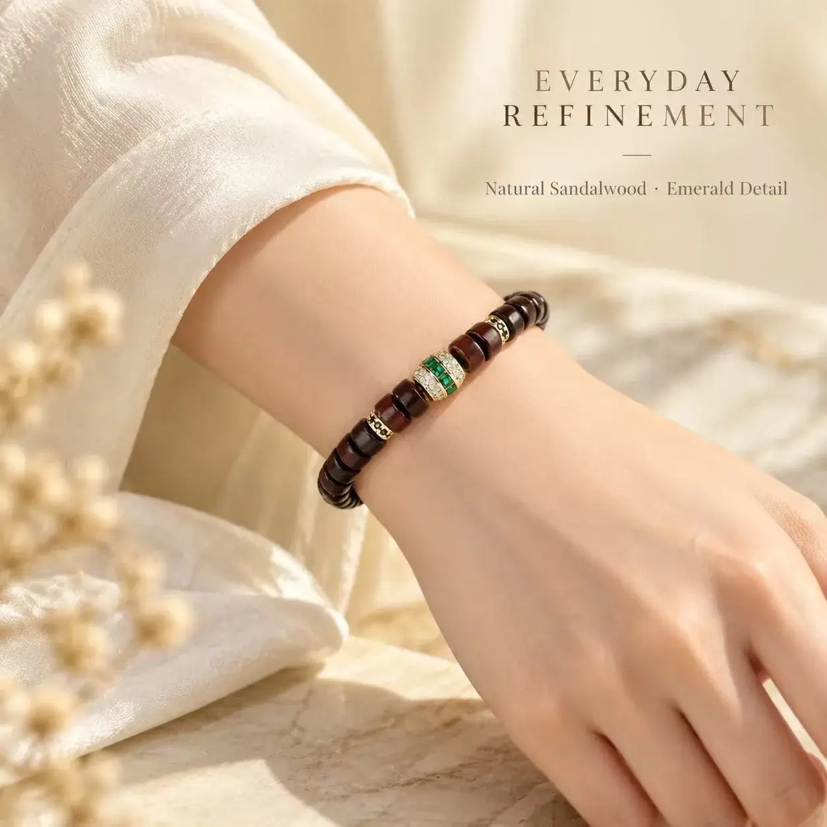Red Sandalwood Tablet Bead Bracelet with Green Crystal - main view