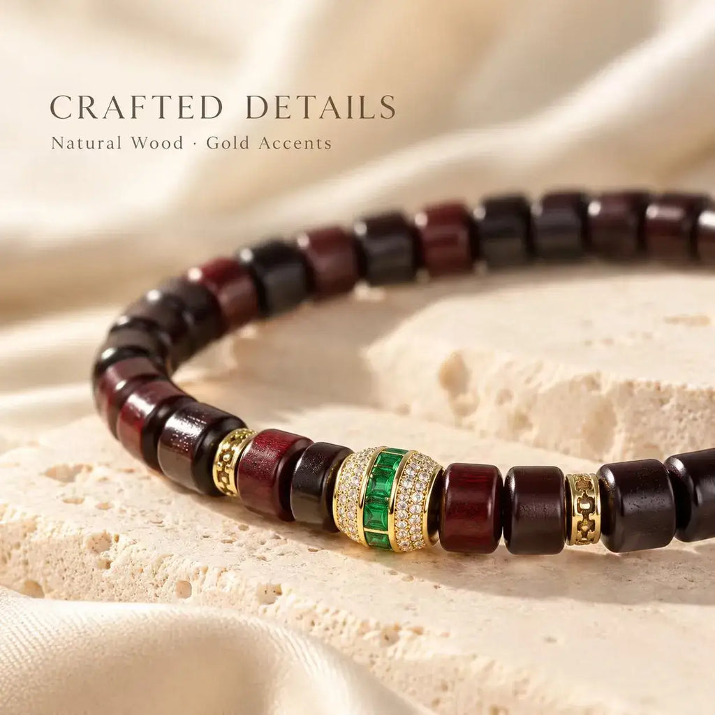 Red Sandalwood Tablet Bead Bracelet with Green Crystal - close-up detail