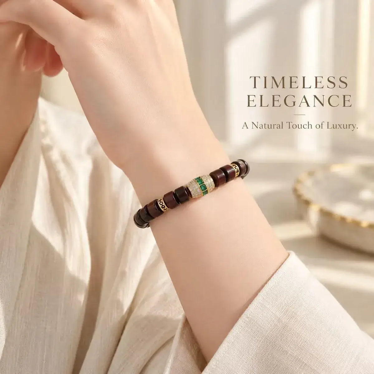 Red Sandalwood Tablet Bead Bracelet with Green Crystal - wrist styling