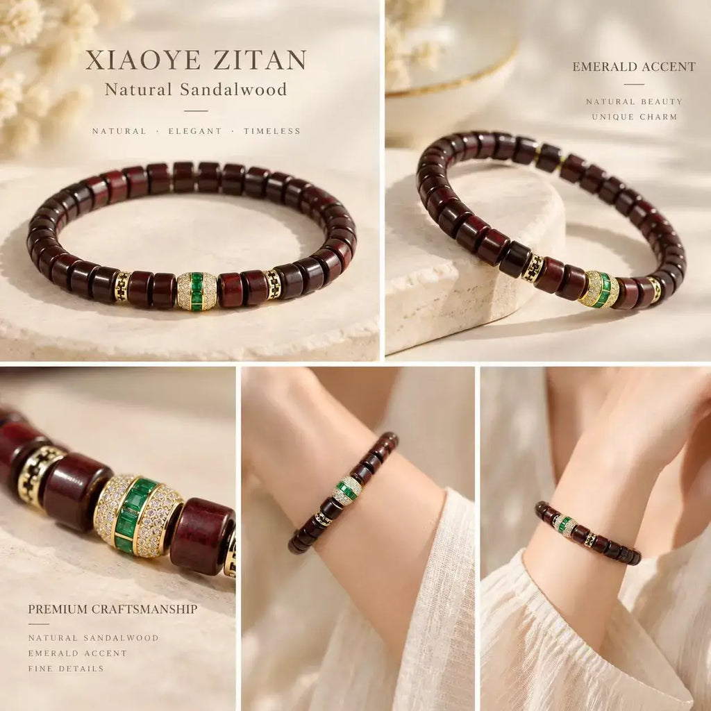 Red Sandalwood Tablet Bead Bracelet with Green Crystal - additional detail