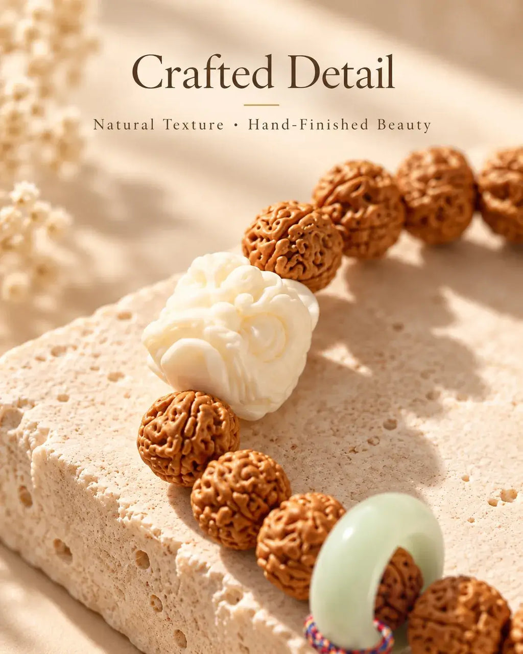 Close-up of textured brown seeds and a cream Pixiu motif