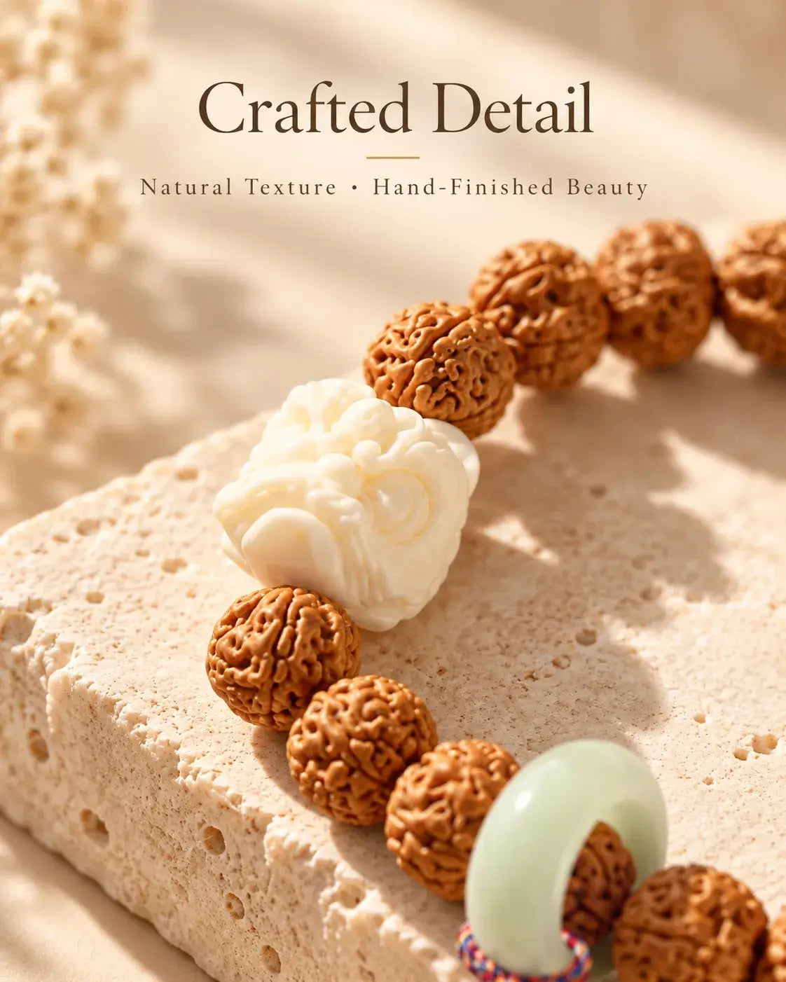 Close-up of textured brown seeds and a cream Pixiu motif
