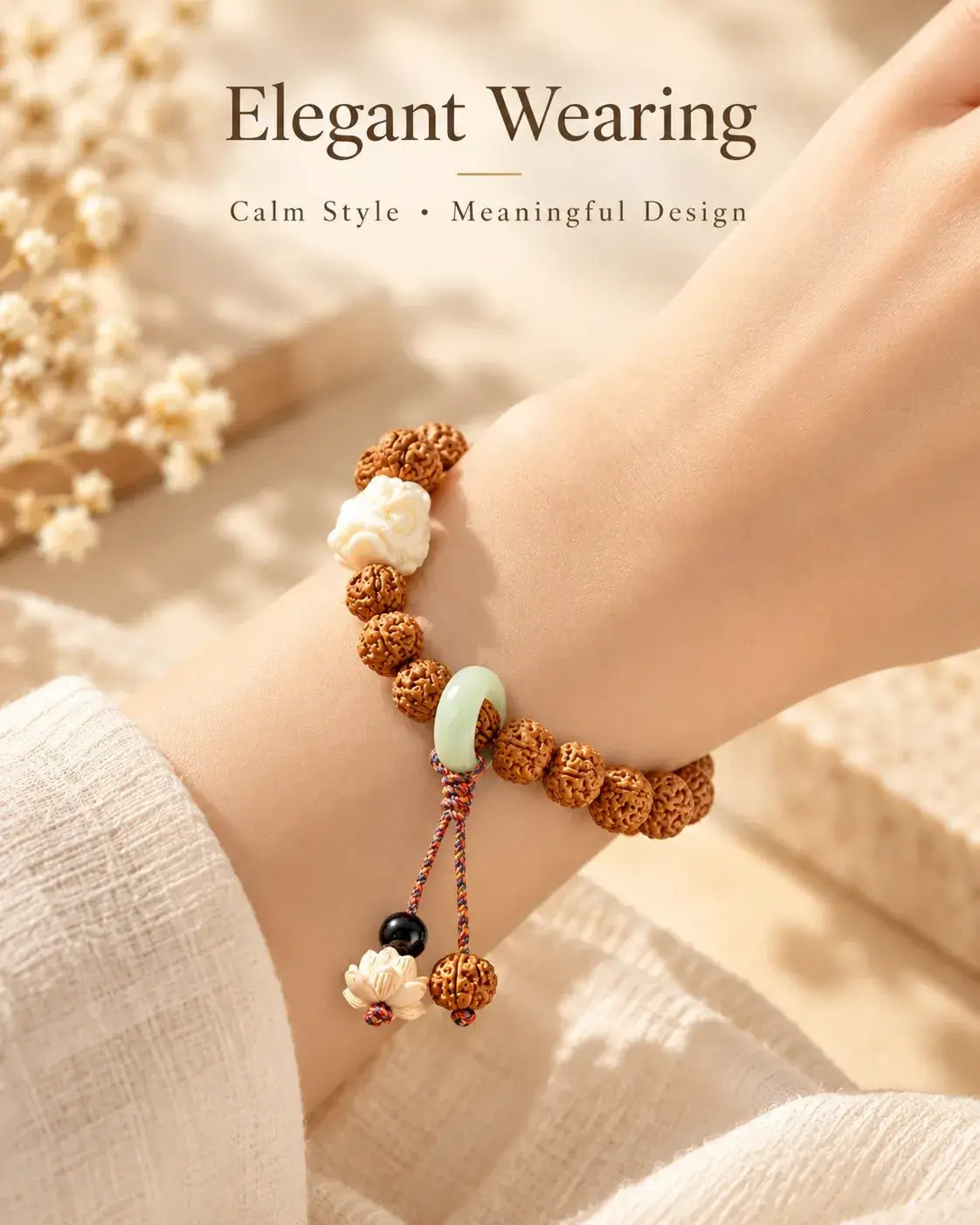 Bodhi seed bracelet worn on the wrist with hanging cord details