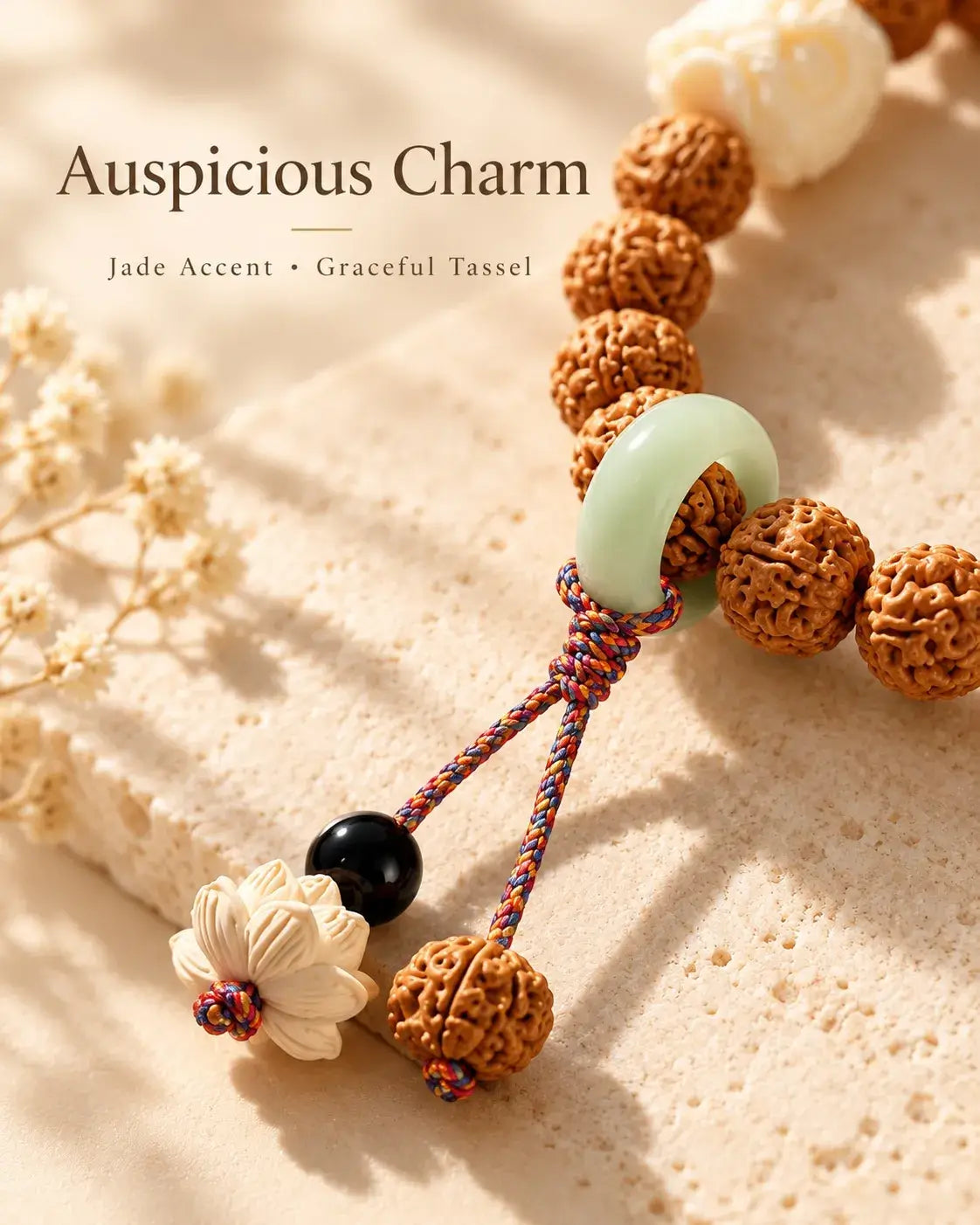 Pale green ring and lotus-shaped decorative cord detail