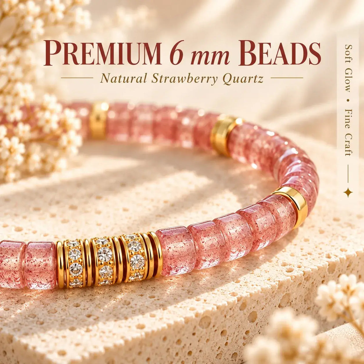 Detail of 6 mm strawberry quartz tablet beads with fine red speckles
