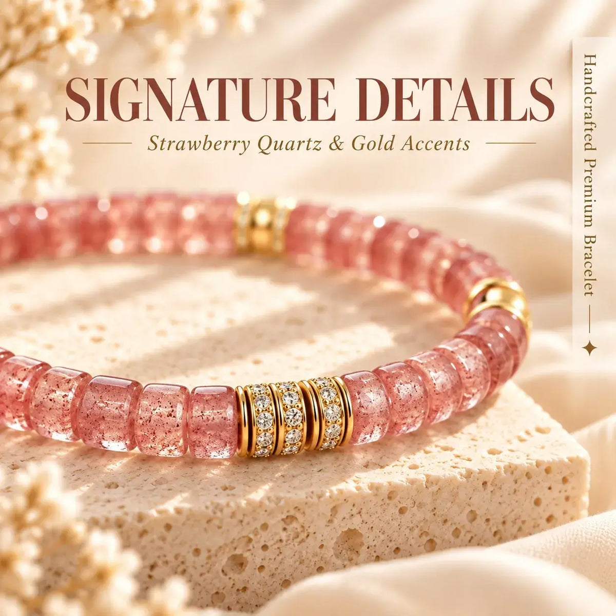 Close-up of pink strawberry quartz beads and sparkling gold-tone spacers