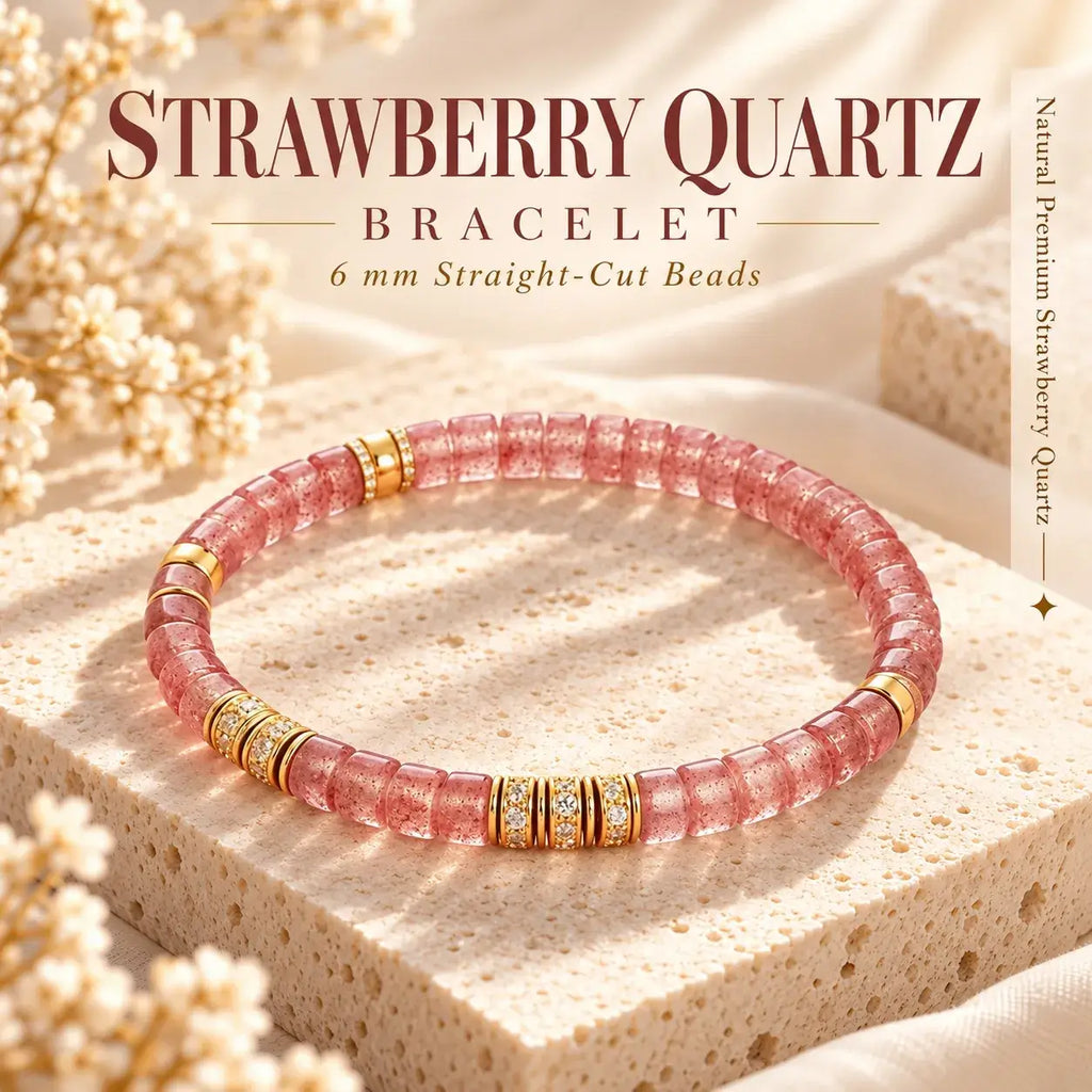 Natural strawberry quartz tablet bead bracelet with rose pink beads and gold-tone accents