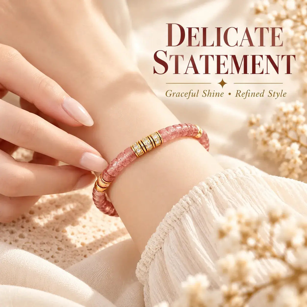 Strawberry quartz tablet bracelet worn on the wrist