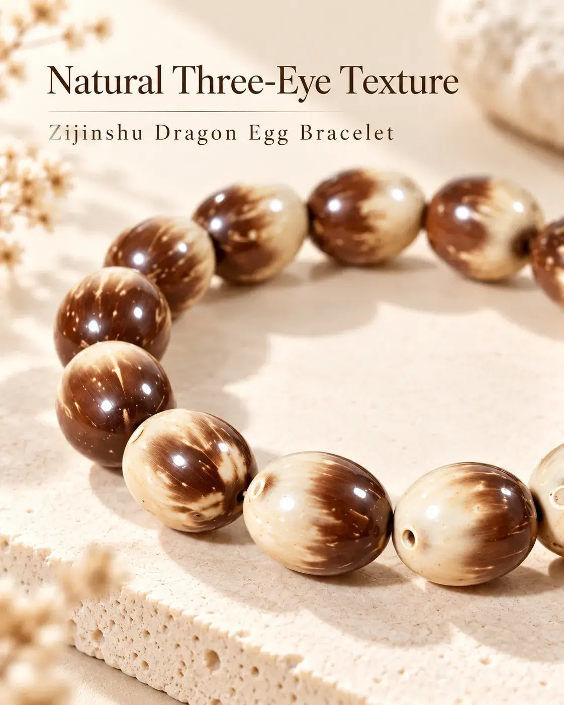 Close-up of the natural three-eye markings and brown-and-cream patterns on Zijinshu seed beads