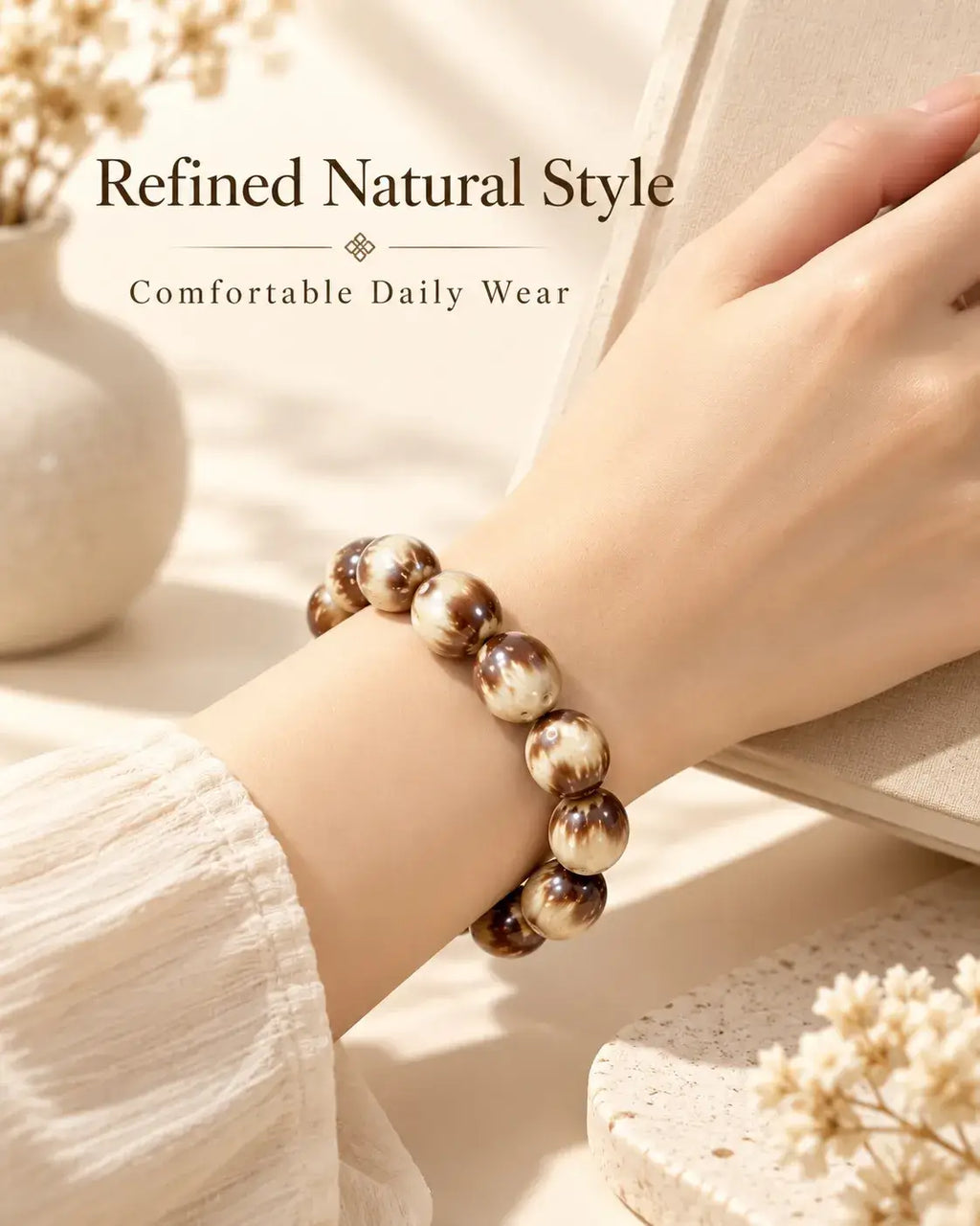 Natural three-eye Zijinshu bracelet styled on the wrist with neutral clothing