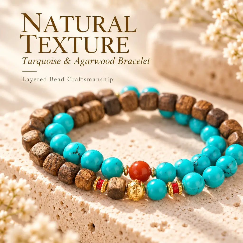 Close-up of turquoise and agarwood beads with red and gold-tone accents