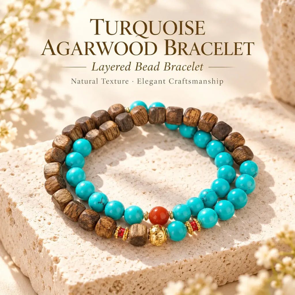 Turquoise and agarwood wrap bracelet with blue beads and brown wood