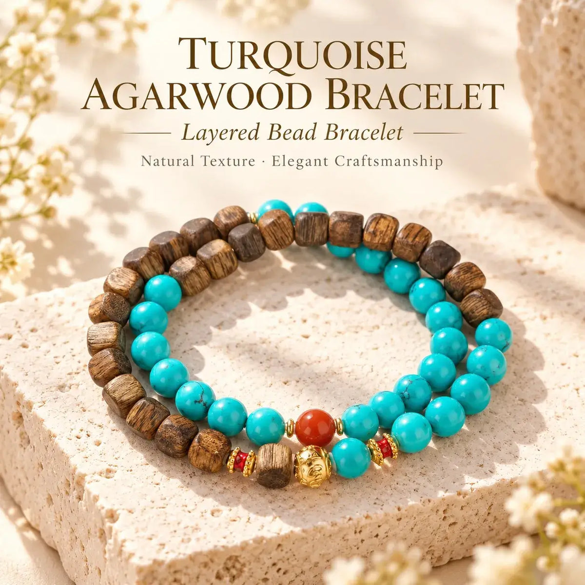 Turquoise and agarwood wrap bracelet with blue beads and brown wood