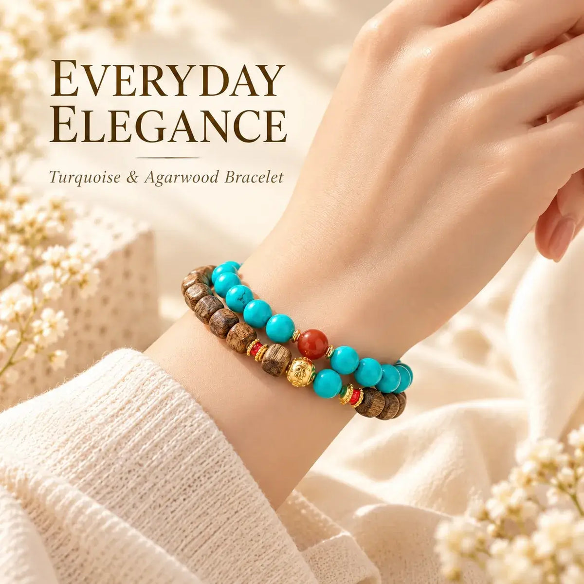 Layered wrist view of the turquoise and agarwood wrap bracelet