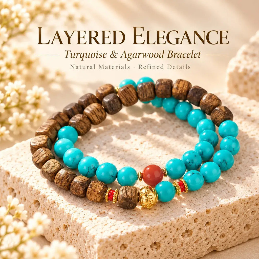 Turquoise round beads and textured agarwood beads in a wrap bracelet