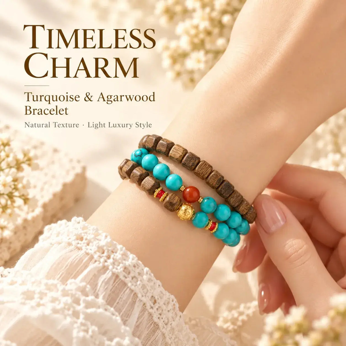 One turquoise and agarwood bracelet wrapped around the wrist