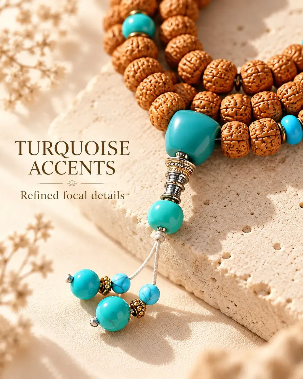 Turquoise focal bead and hanging bead details on a bodhi mala