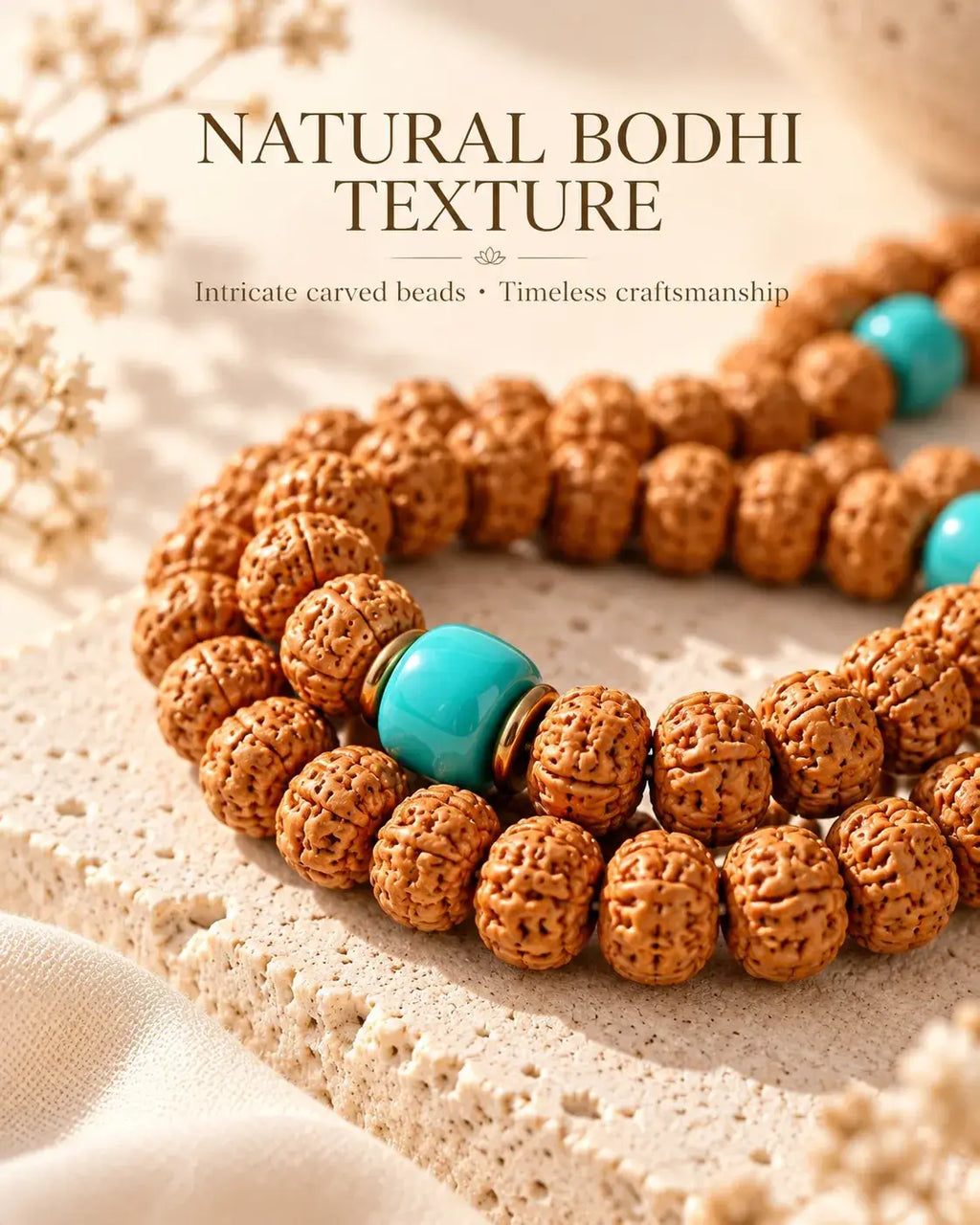 Close-up of textured small vajra bodhi seeds and blue turquoise spacers