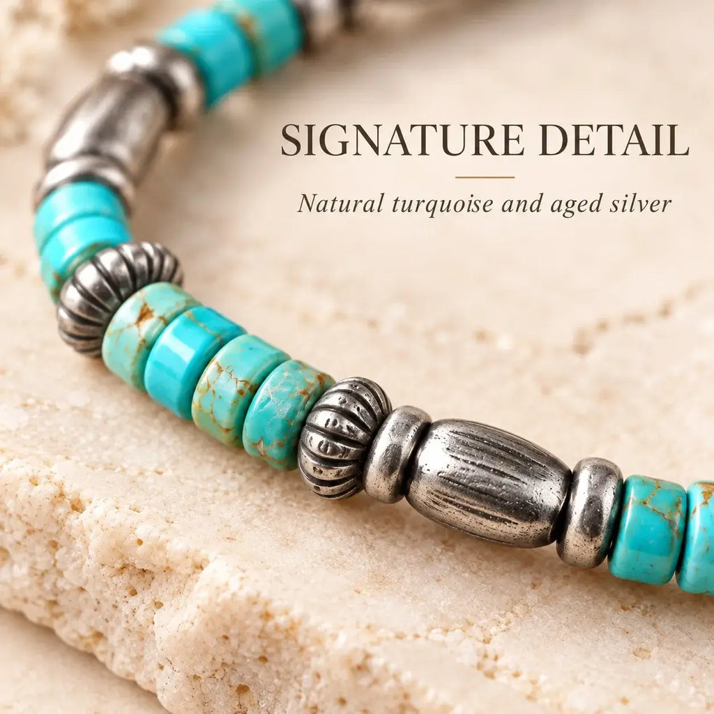 Detail of 6 mm turquoise beads and textured sterling silver accents
