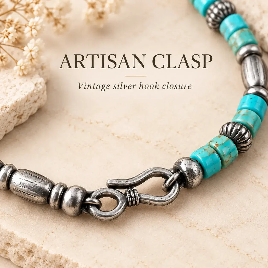 Close-up of the sterling silver hook clasp and turquoise beads
