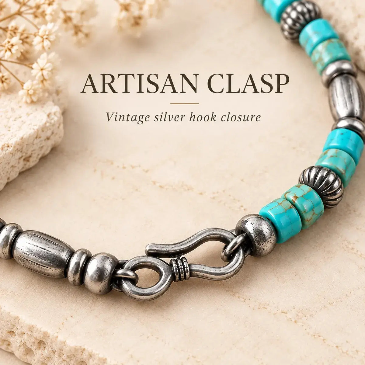 Close-up of the sterling silver hook clasp and turquoise beads