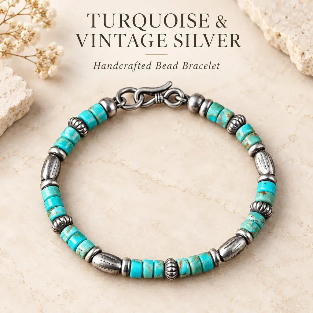 Natural turquoise and 925 sterling silver bracelet with an antiqued finish