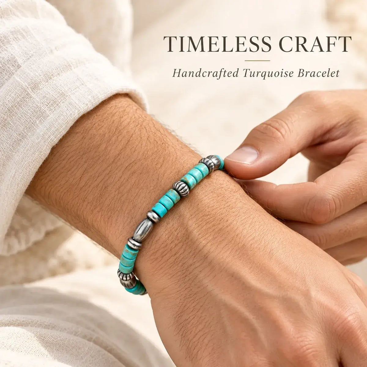 Turquoise and sterling silver bracelet worn on the wrist