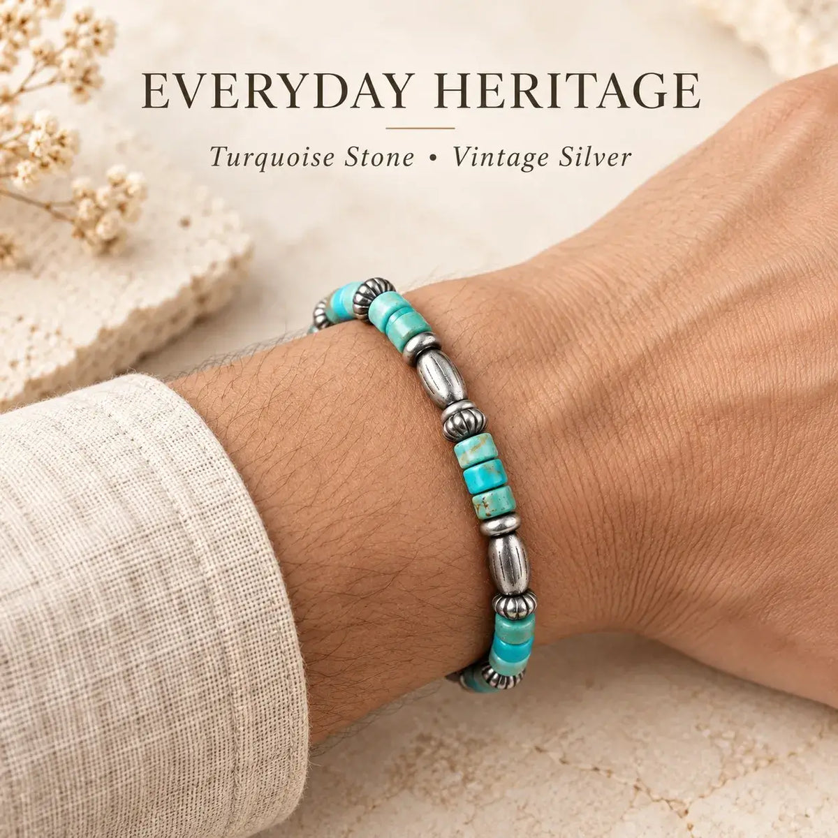 Turquoise and sterling silver bracelet styled with a light shirt